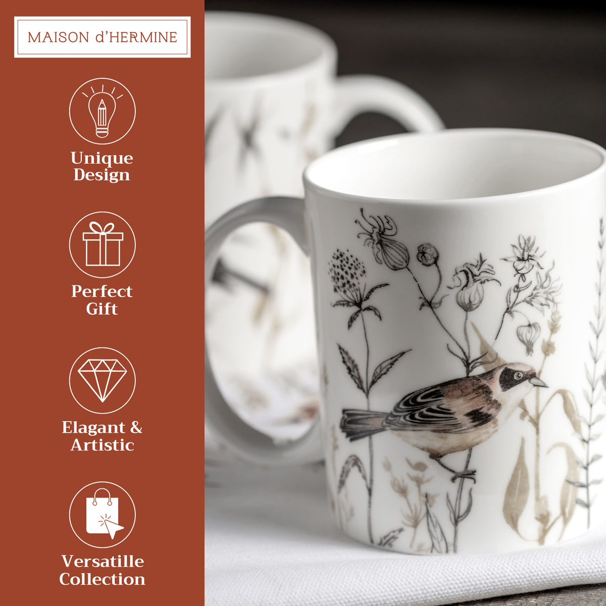 Meadow Florals - Brown Fine Bone China Coffee Mugs
