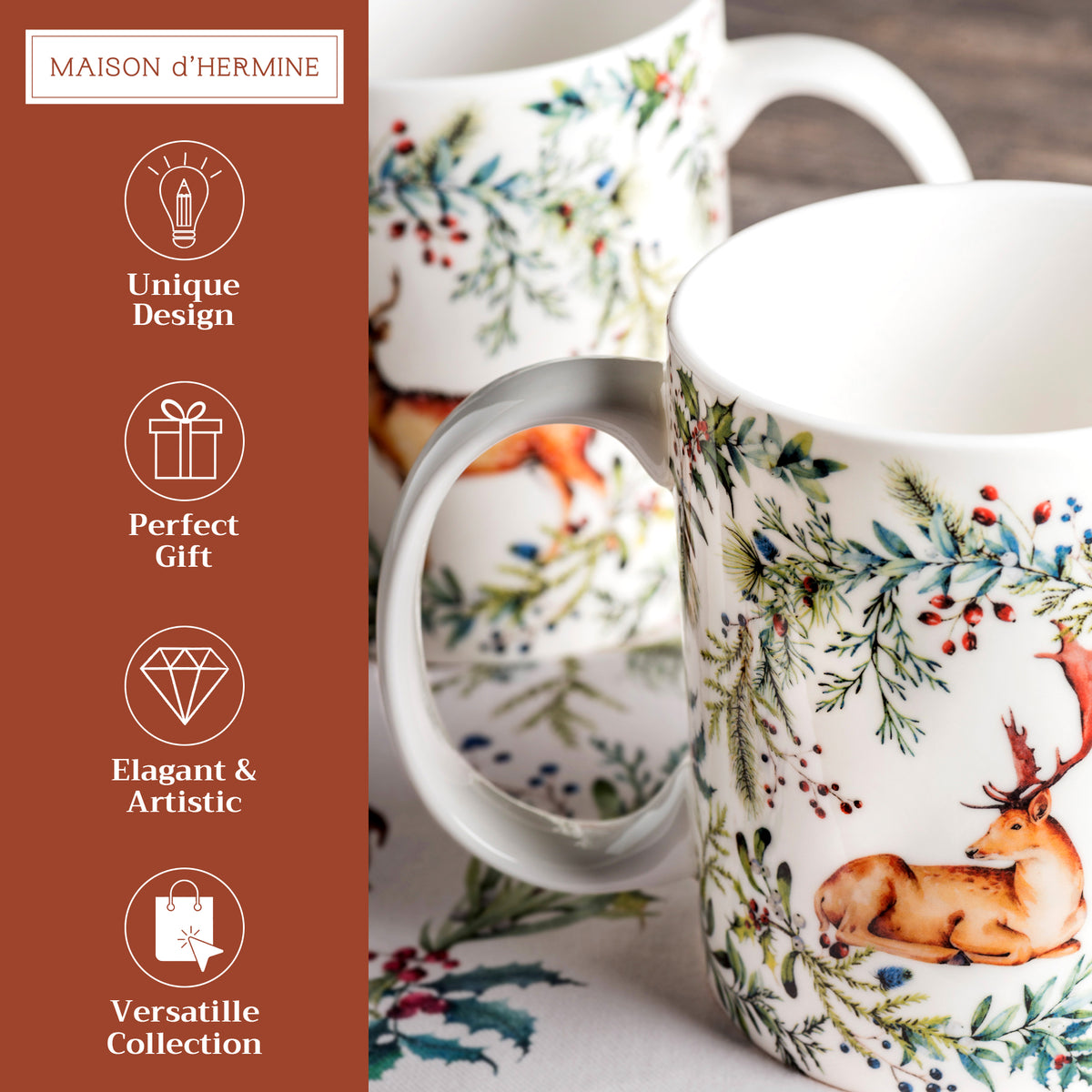 Holly Time Fine Bone China Coffee Mugs