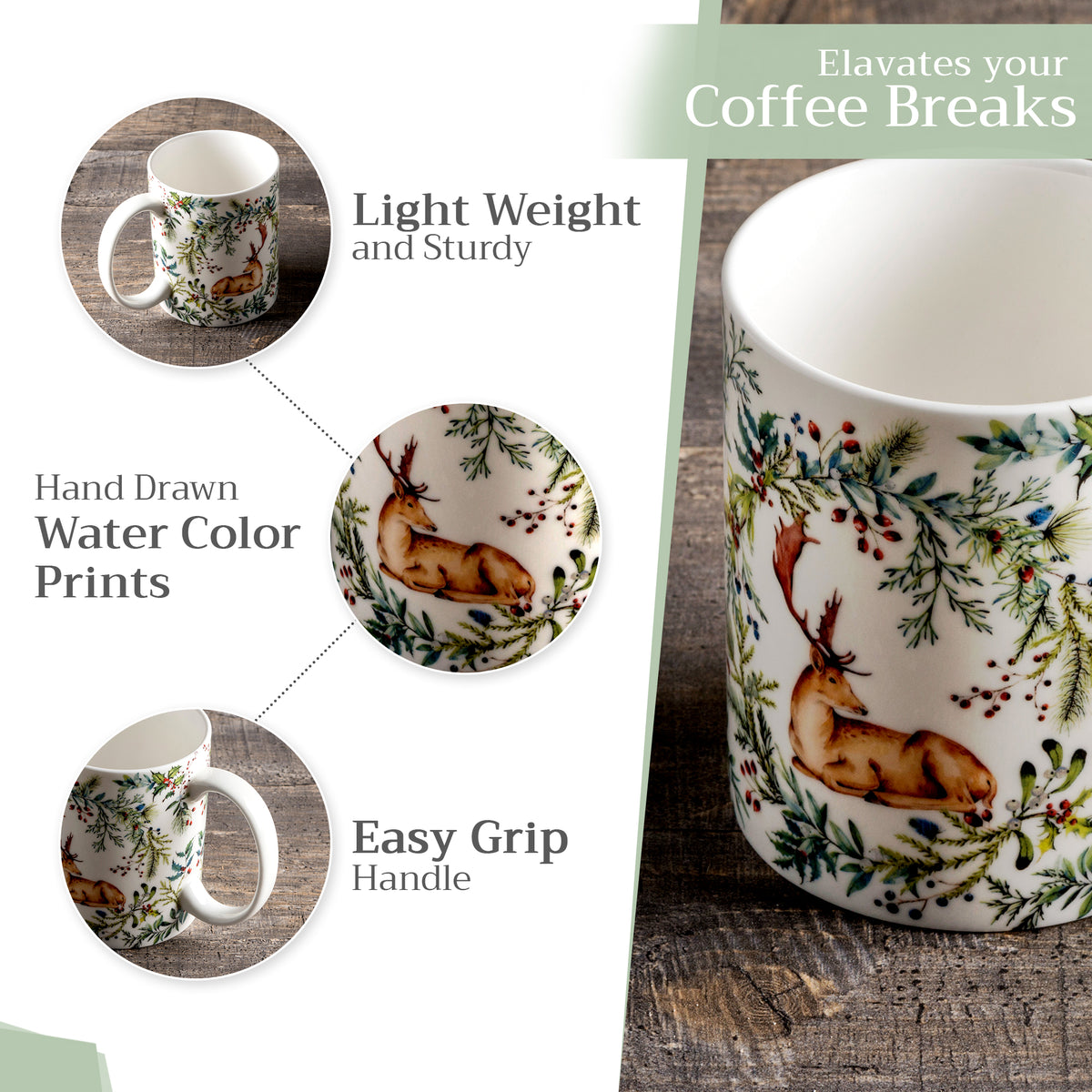Holly Time Fine Bone China Coffee Mugs