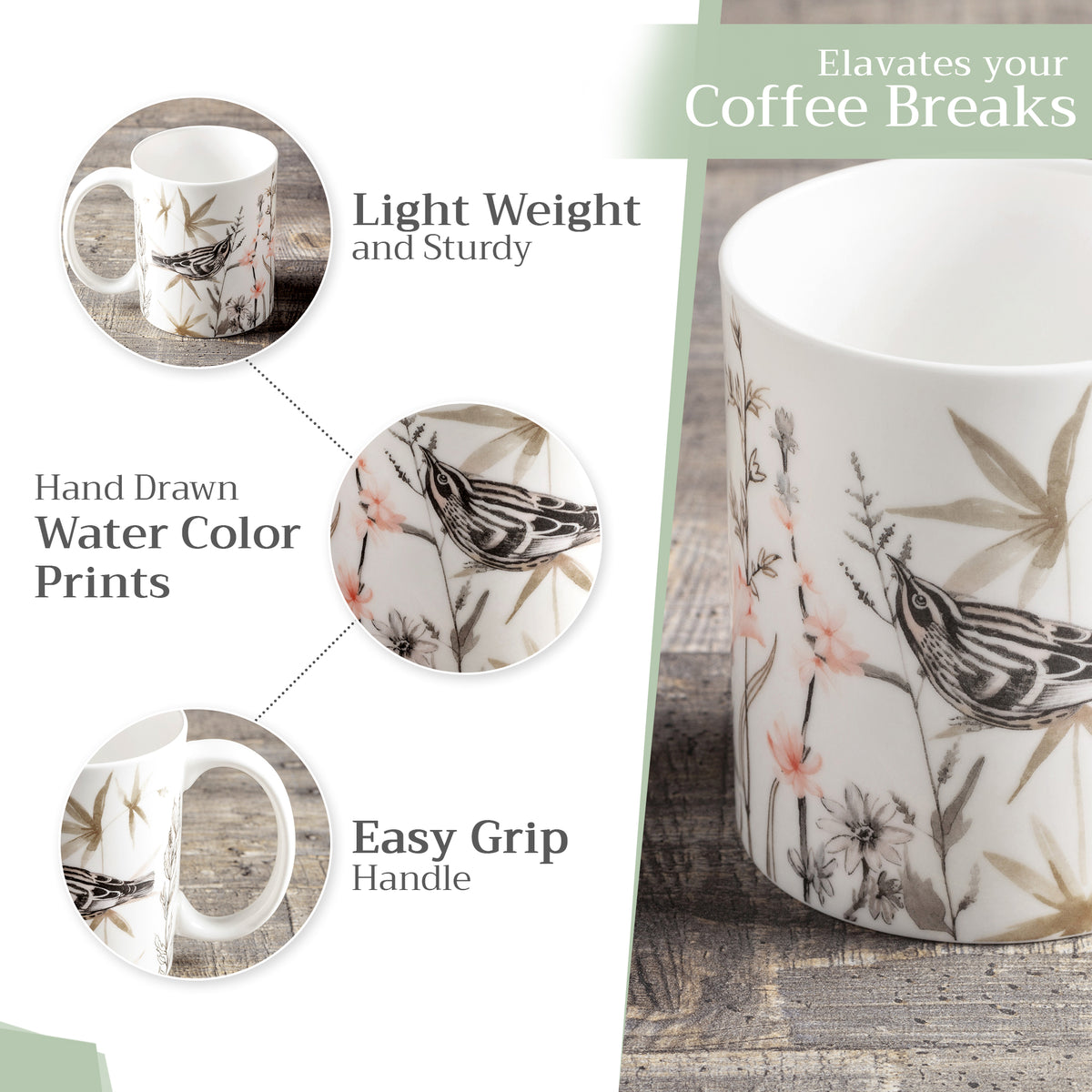 Meadow Florals - Brown Fine Bone China Coffee Mugs