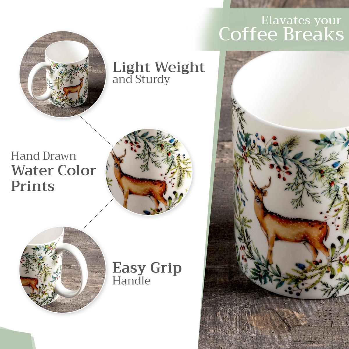 Holly Time Fine Bone China Coffee Mugs