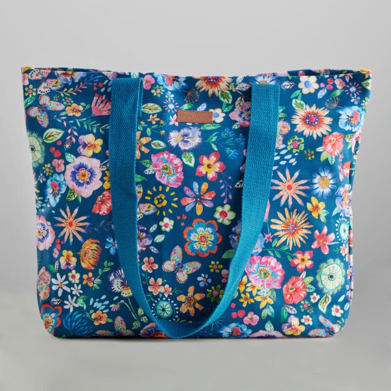 Happy Florals Blue Canvas Tote Bag